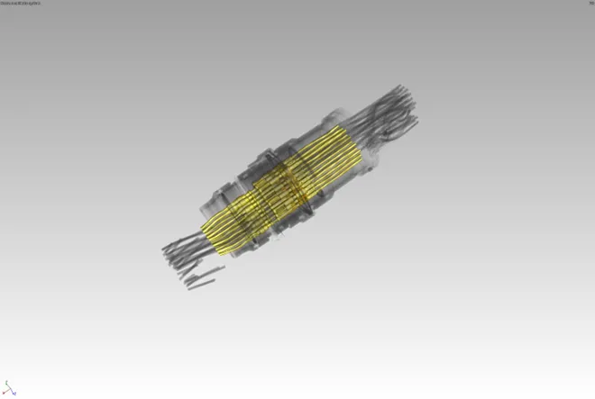 Transparent CT volume of a connector with highlighted conductors