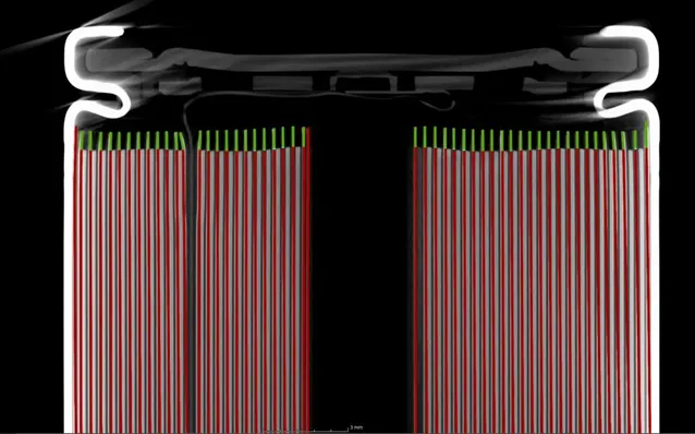 CT slice of a prismatic cell with anode overhang marked on every layer