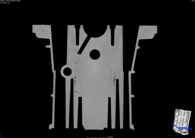 CT slice of an aluminium casting showing porosity