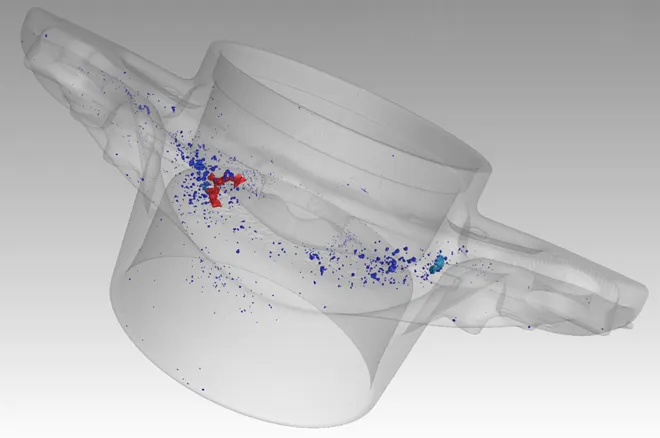 Transparent CT volume of a casting with colour-coded pores
