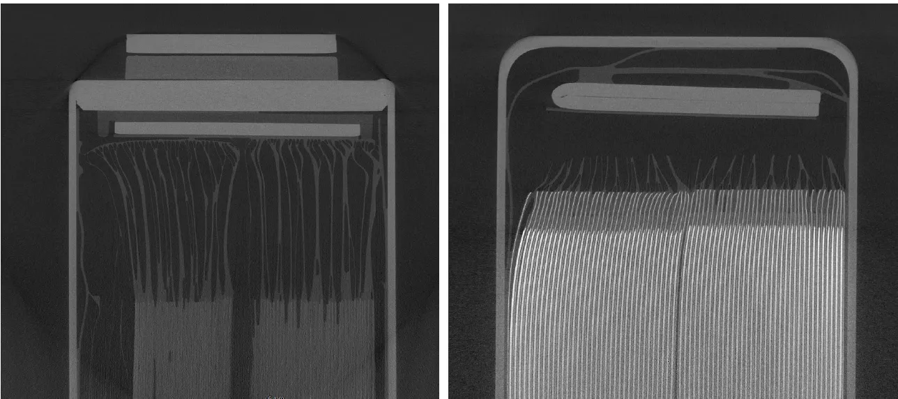 Two CT slices of a battery cell showing tab foils and electrode stack
