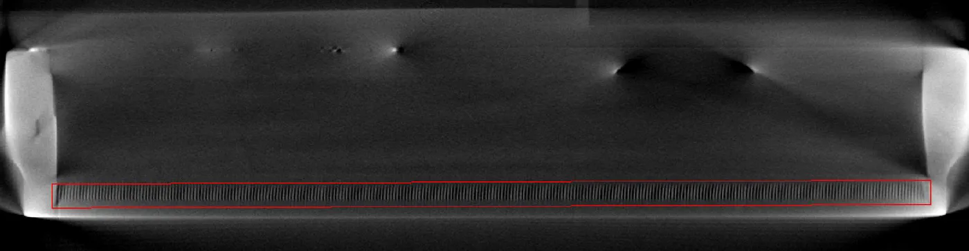 CT slice of a cold plate with the fin area marked