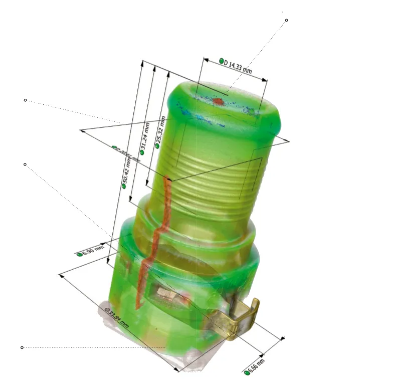 Transparent CT volume of a moulded part with dimensions