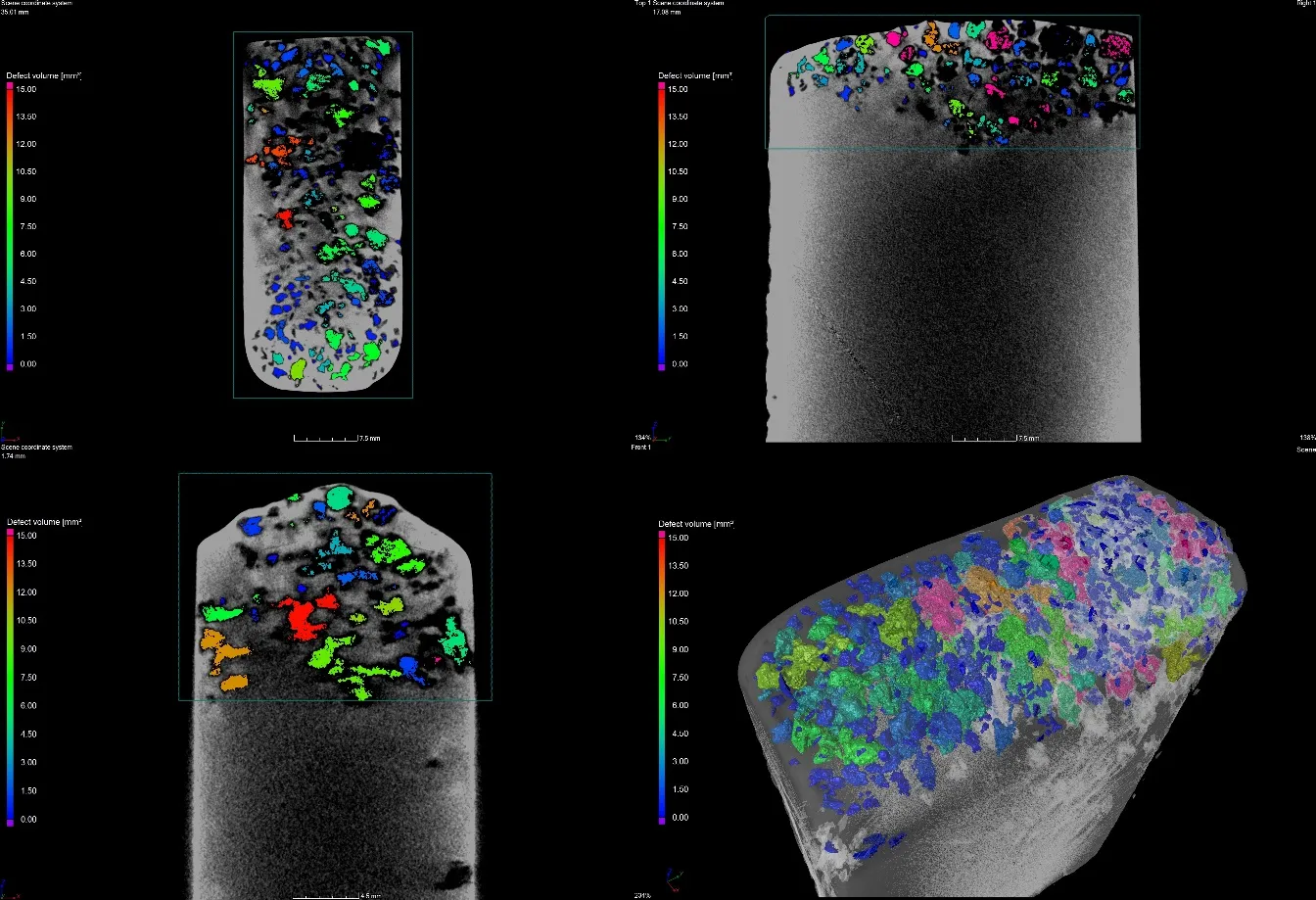 Defect analysis of a specimen in three CT slices and a 3D view