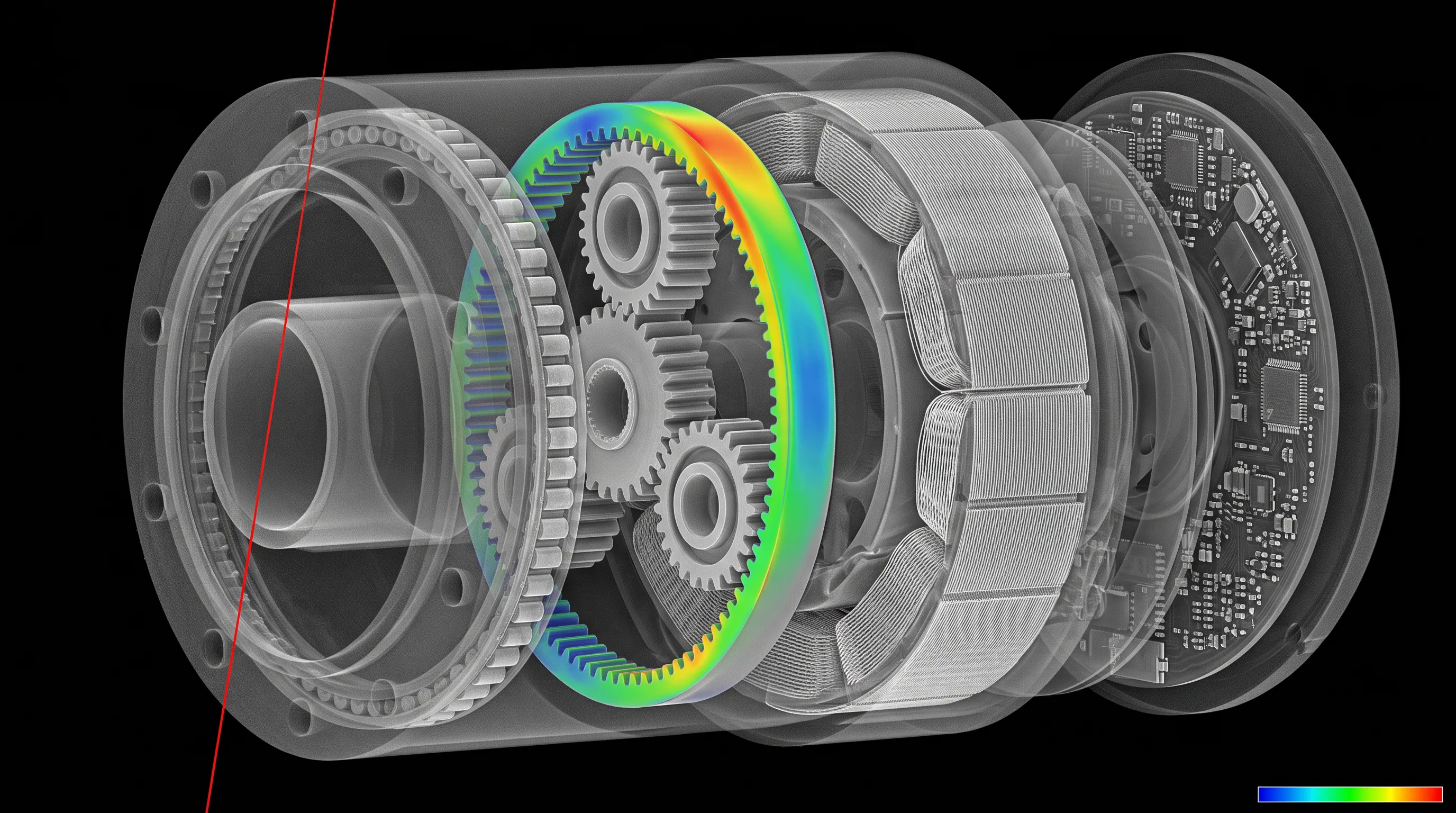 Illustrative rendering, not a Royma scan: translucent robot actuator with planetary gearbox, ring gear shown as a CAD-comparison colour heat-map
